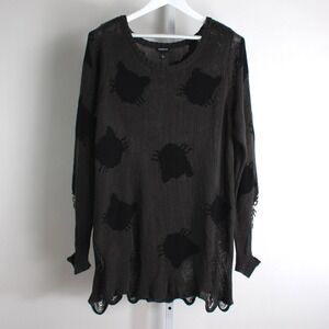 Torrid Plus Size 1 Gray Black Halloween Cat Patch Distressed Knit Sweater kitty‎